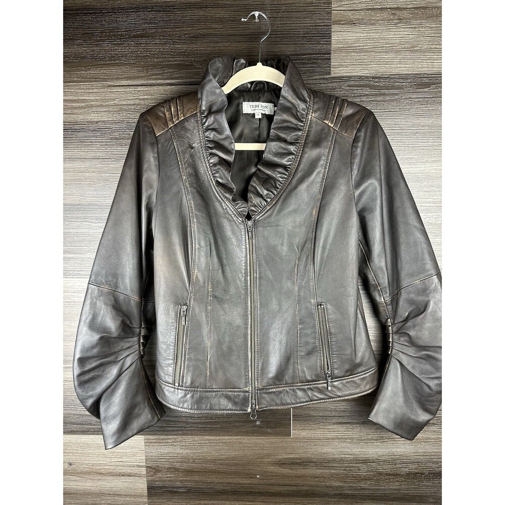 Teri Jon Dark Brown Leather Zip-Front Jacket